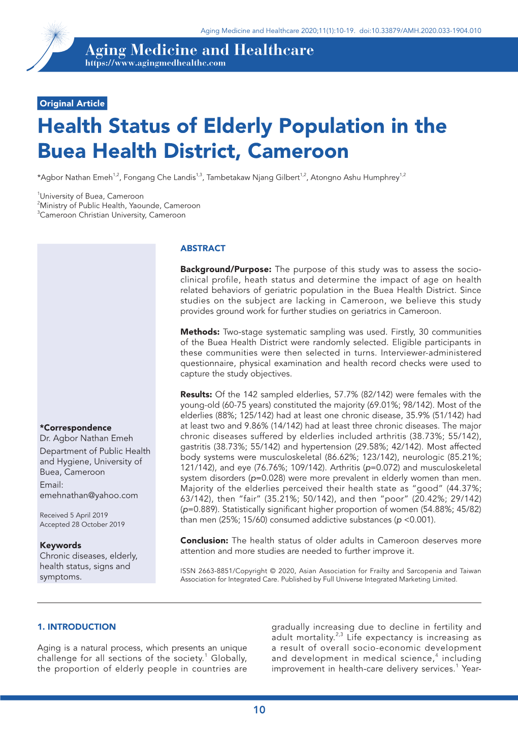 Health Status of Elderly Population in the Buea Health District, Cameroon