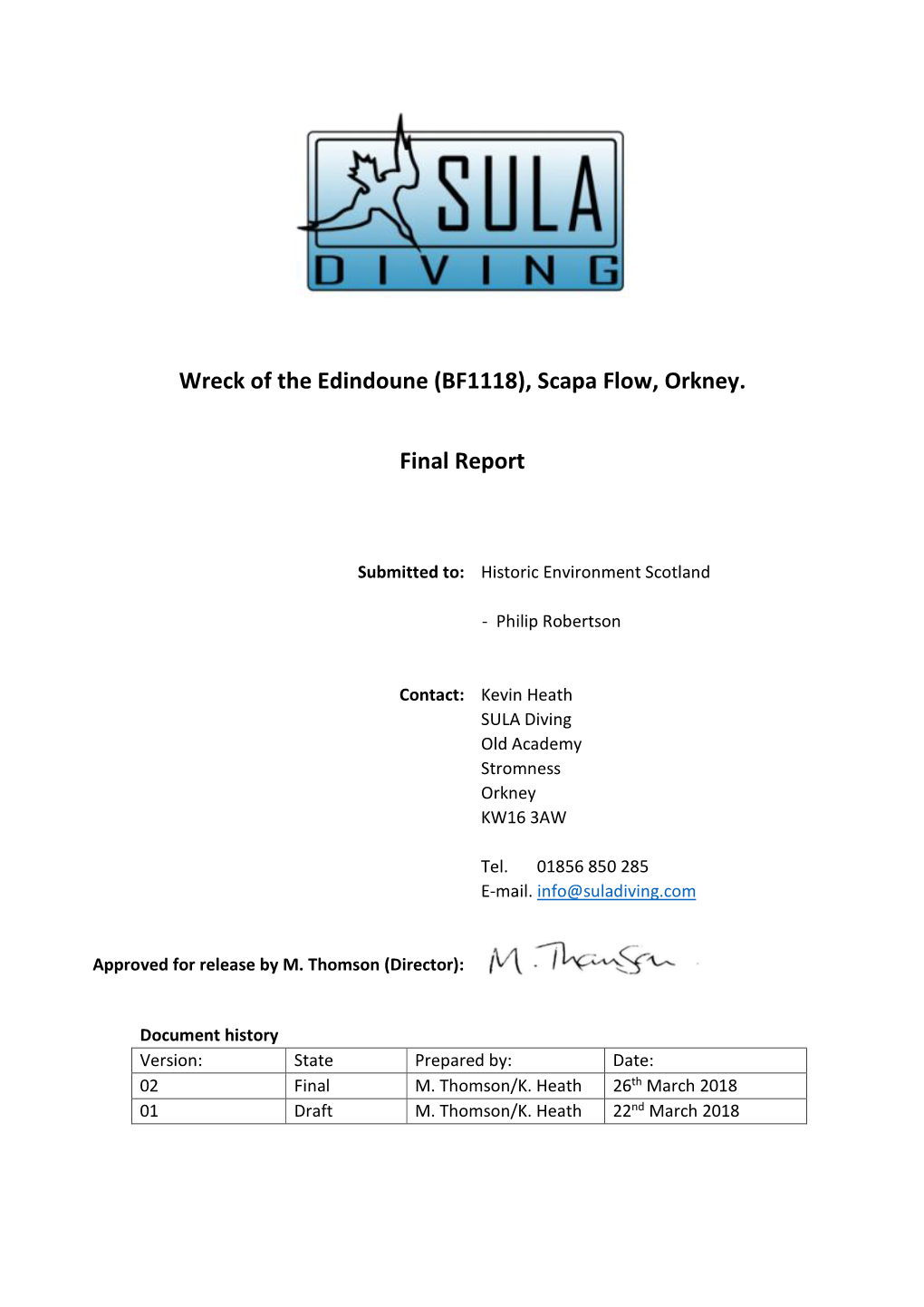 Wreck of the Edindoune (BF1118), Scapa Flow, Orkney. Final Report