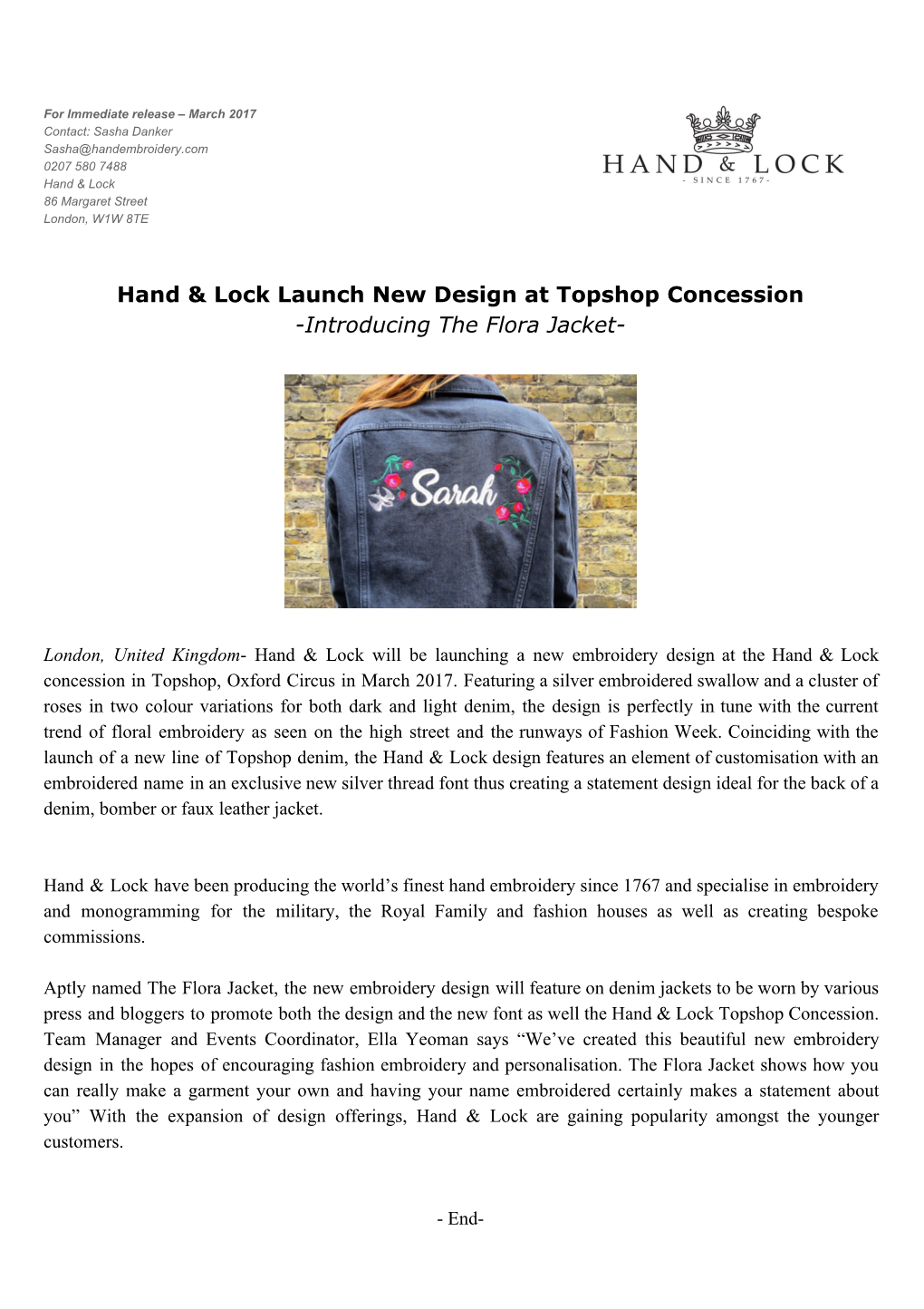 Hand & Lock Launch New Design at Topshop Concession