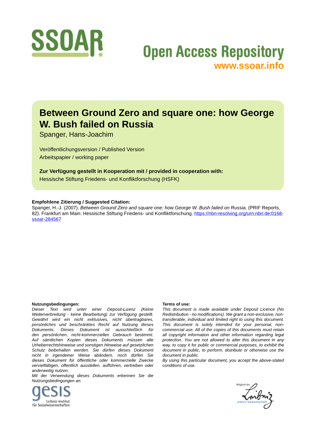 How George W. Bush Failed on Russia Spanger, Hans-Joachim
