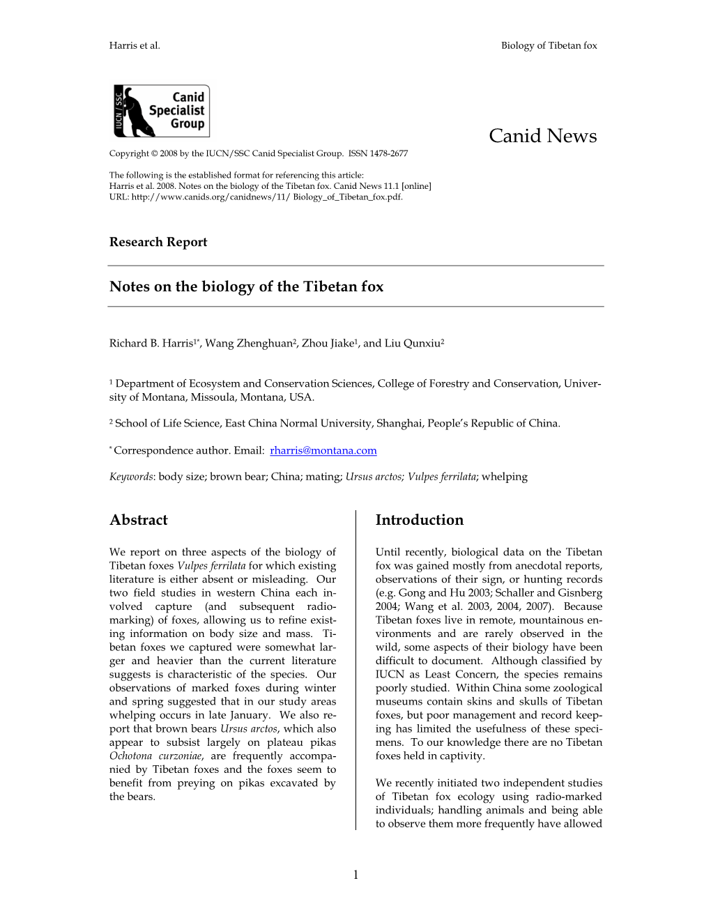 Notes on the Biology of the Tibetan Fox (Vulpes Ferrilata)