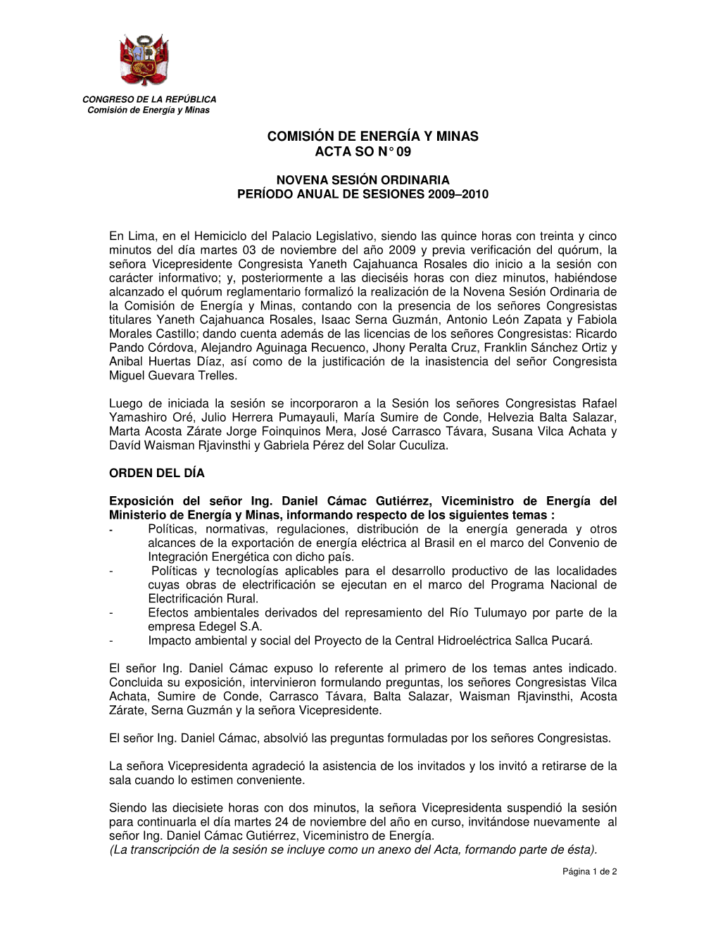 Comisión De Energía Y Minas Acta So N° 09