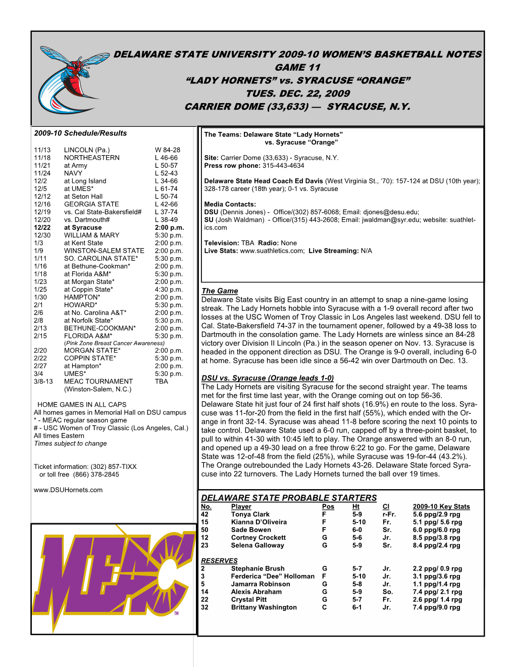 “LADY HORNETS” Vs. SYRACUSE “ORANGE” TUES