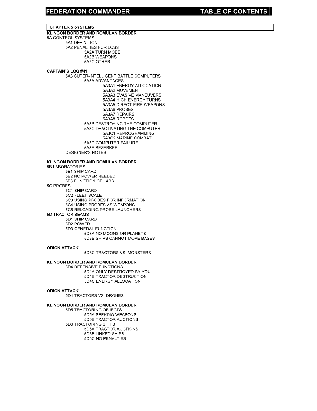 Federation Commander Table of Contents 5 Systems