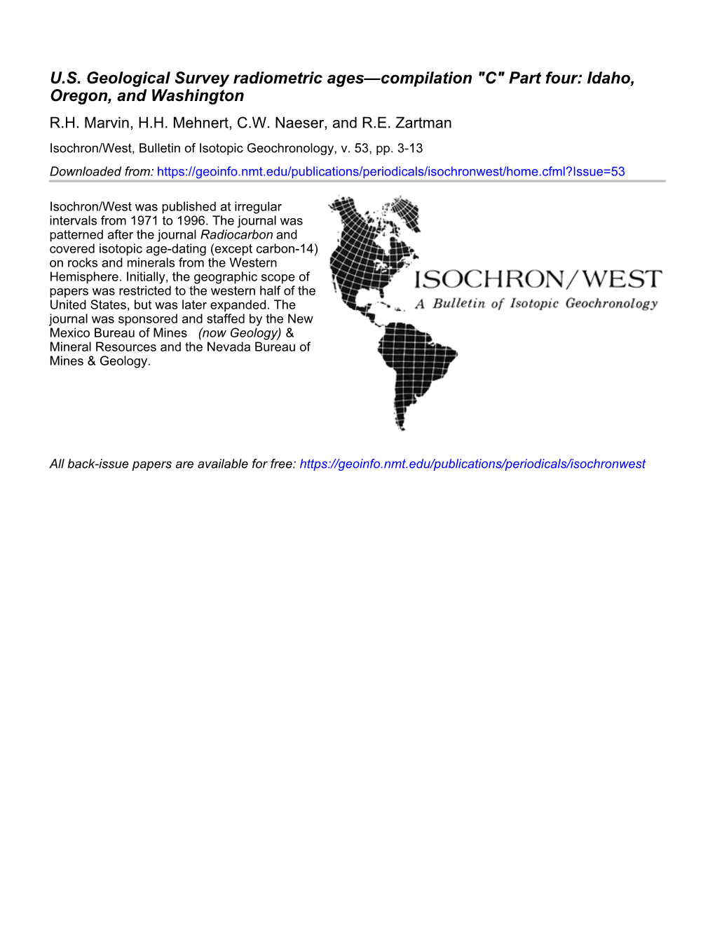 U.S. Geological Survey Radiometric Ages—Compilation "C" Part Four: Idaho, Oregon, and Washington R.H