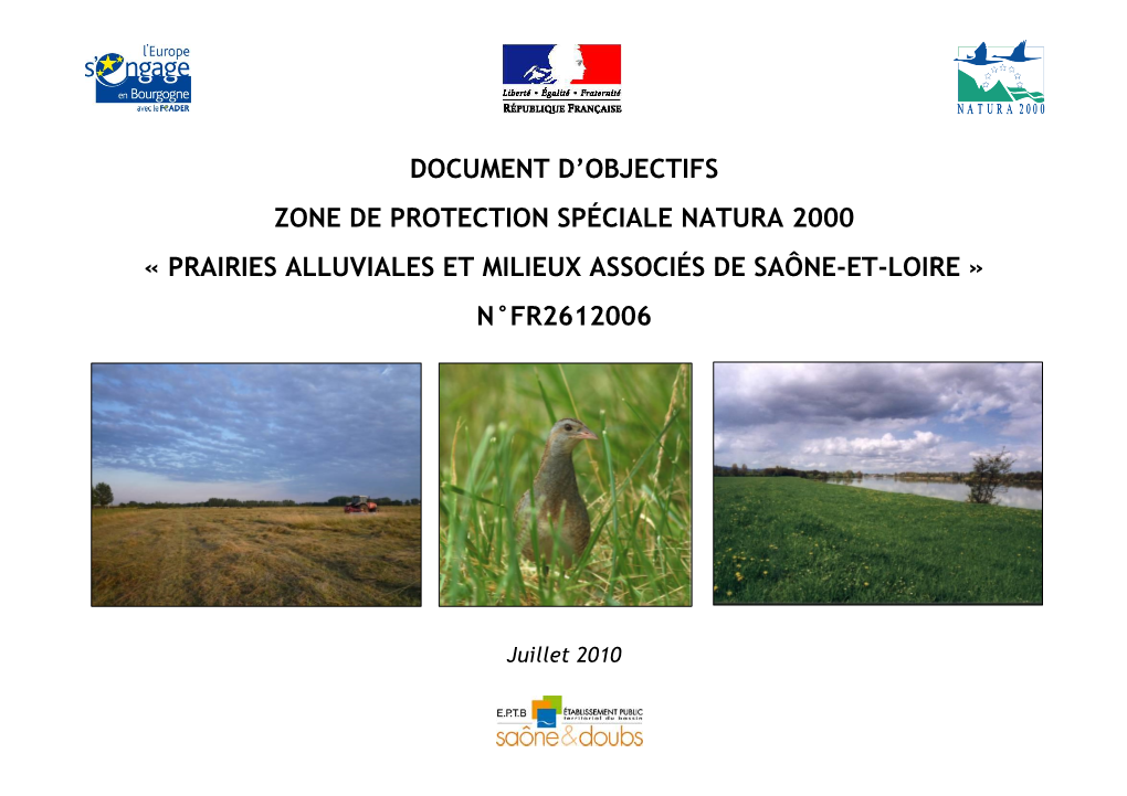 Document D'objectifs Zone De Protection Spéciale Natura 2000 « Prairies Alluviales Et Milieux Associés De Saône-Et-Loire