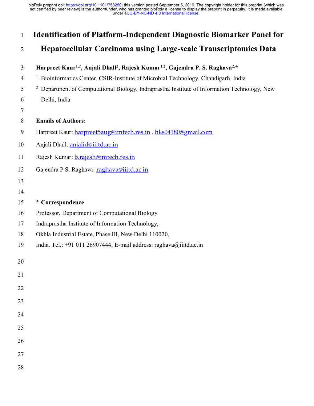 Identification of Platform-Independent Diagnostic Biomarker Panel For