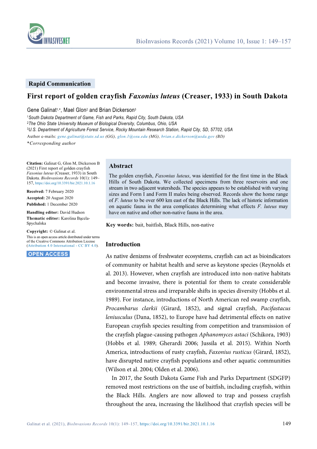 First Report of Golden Crayfish Faxonius Luteus (Creaser, 1933) in South Dakota