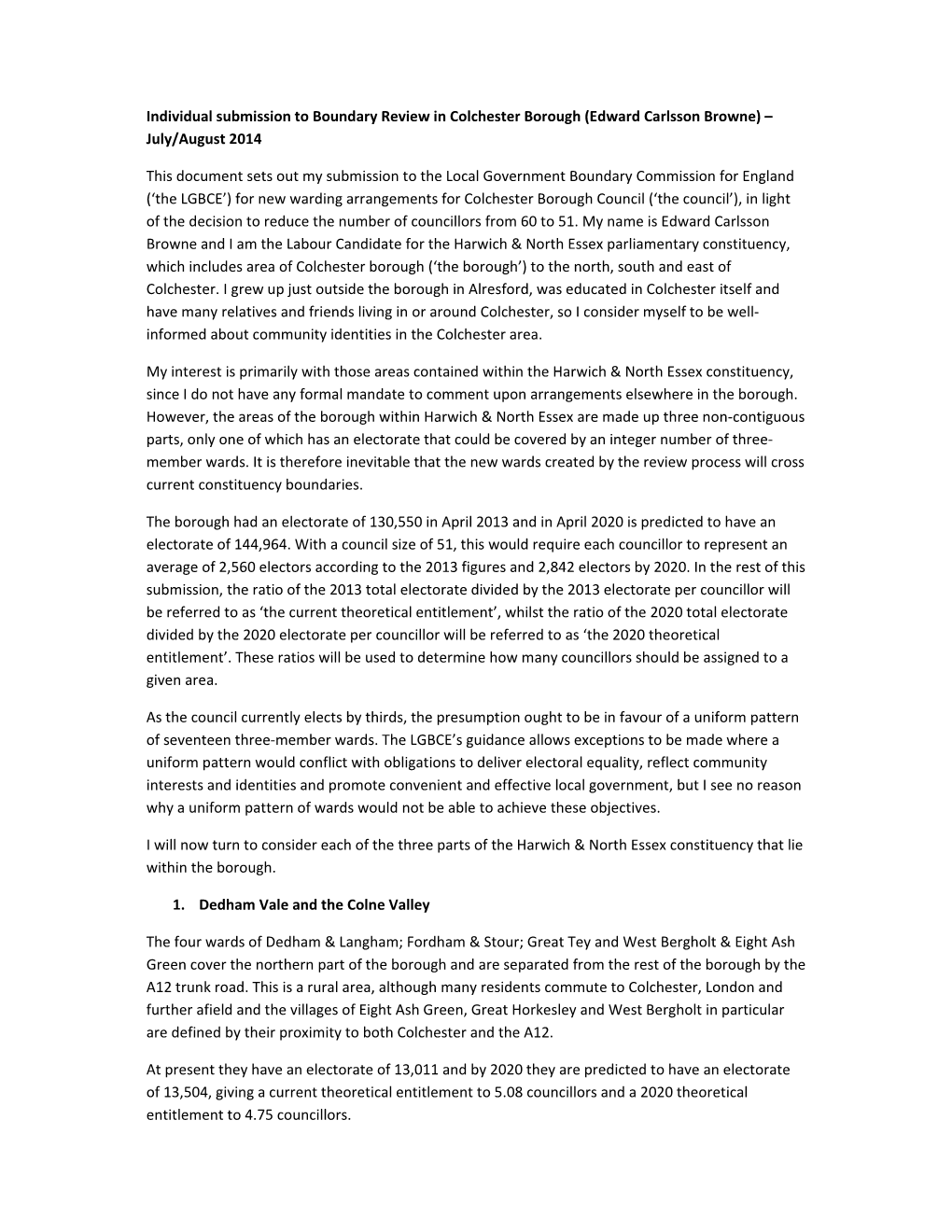 Individual Submission to Boundary Review in Colchester Borough (Edward Carlsson Browne) – July/August 2014