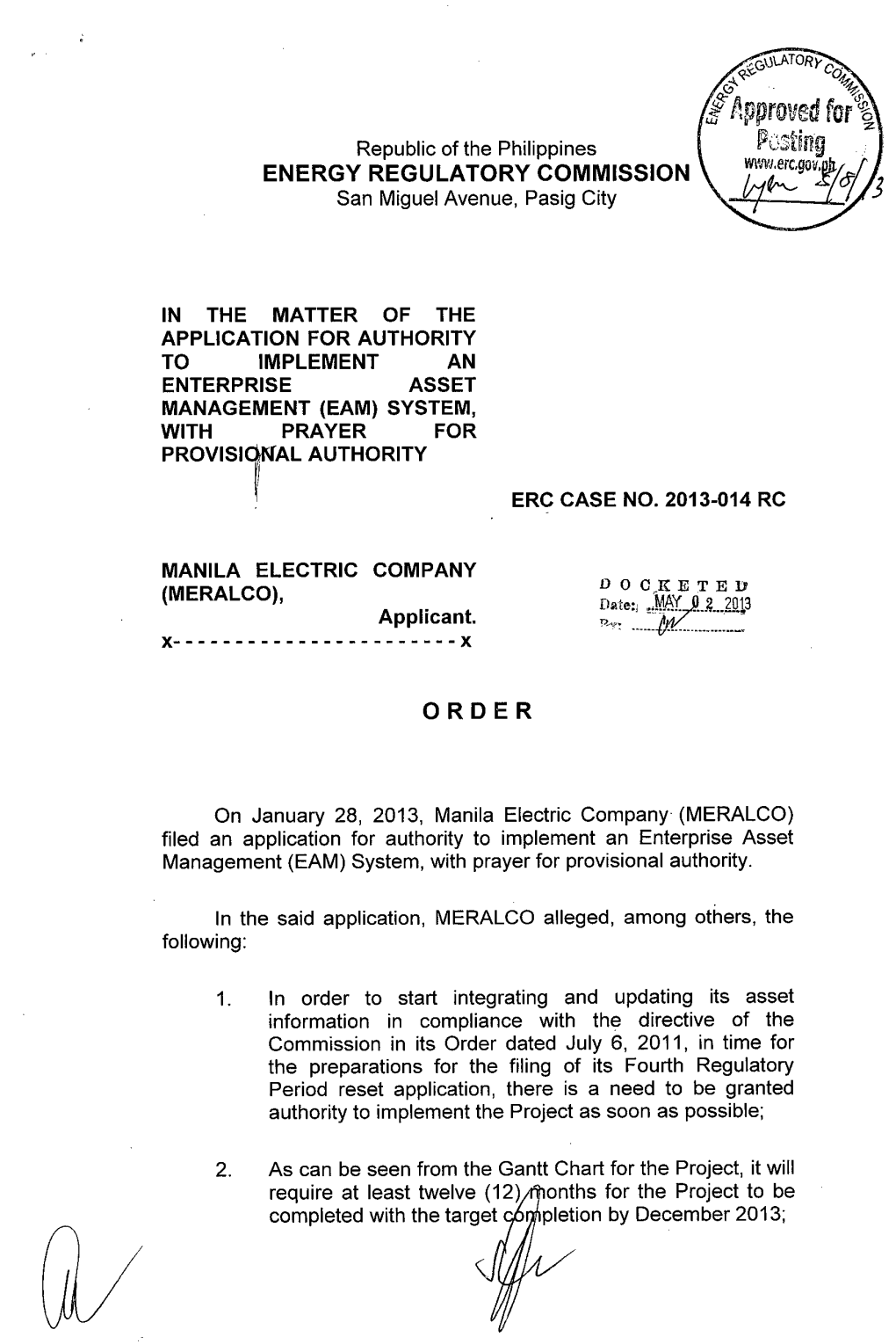 ENERGY REGULATORY COMMISSION San Miguel Avenue, Pasig City