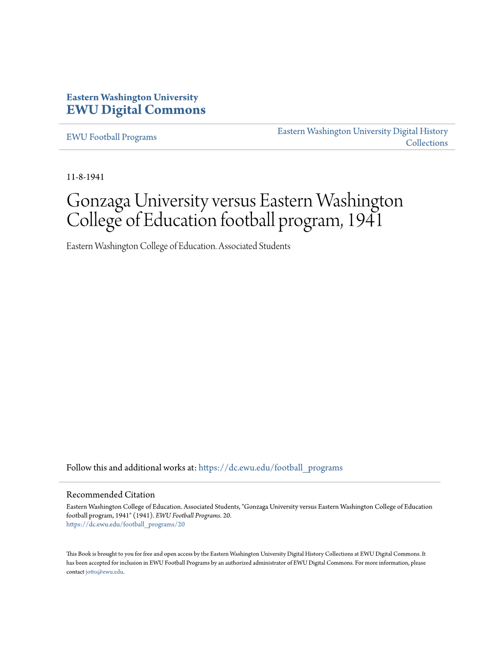 Gonzaga University Versus Eastern Washington College of Education Football Program, 1941 Eastern Washington College of Education