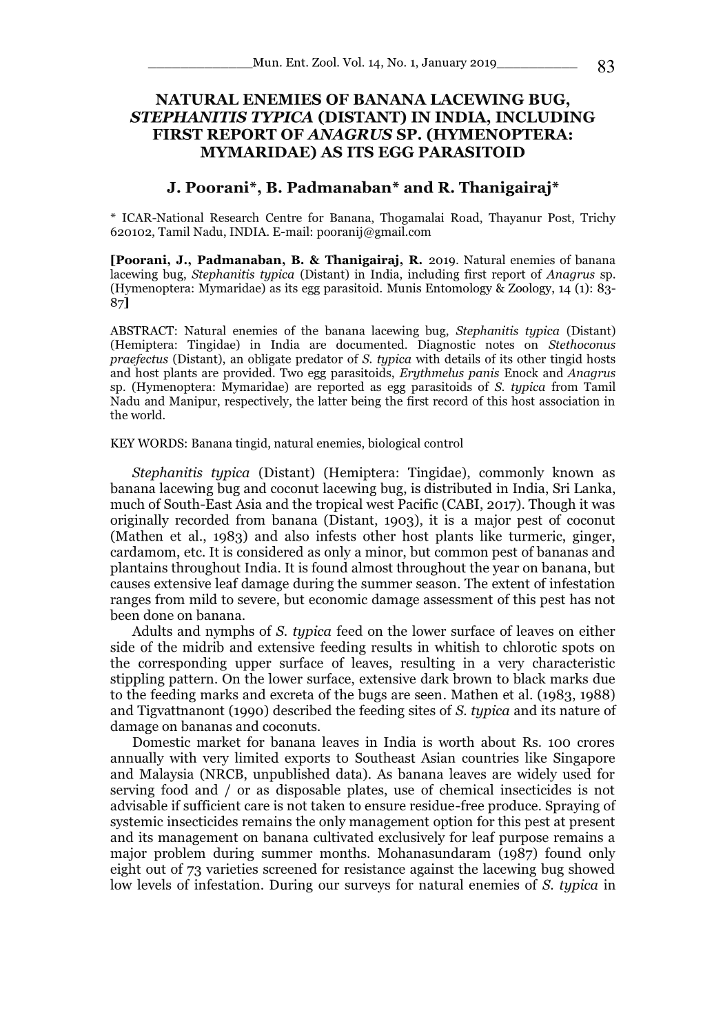 Natural Enemies of Banana Lacewing Bug, Stephanitis Typica (Distant) in India, Including First Report of Anagrus Sp