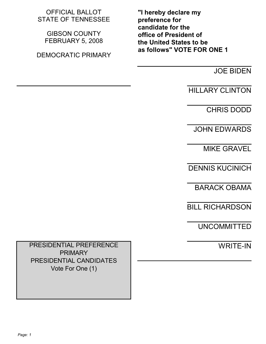 Joe Biden Hillary Clinton Chris Dodd John Edwards Mike Gravel Dennis Kucinich Barack Obama Bill Richardson Uncommitted Write-In