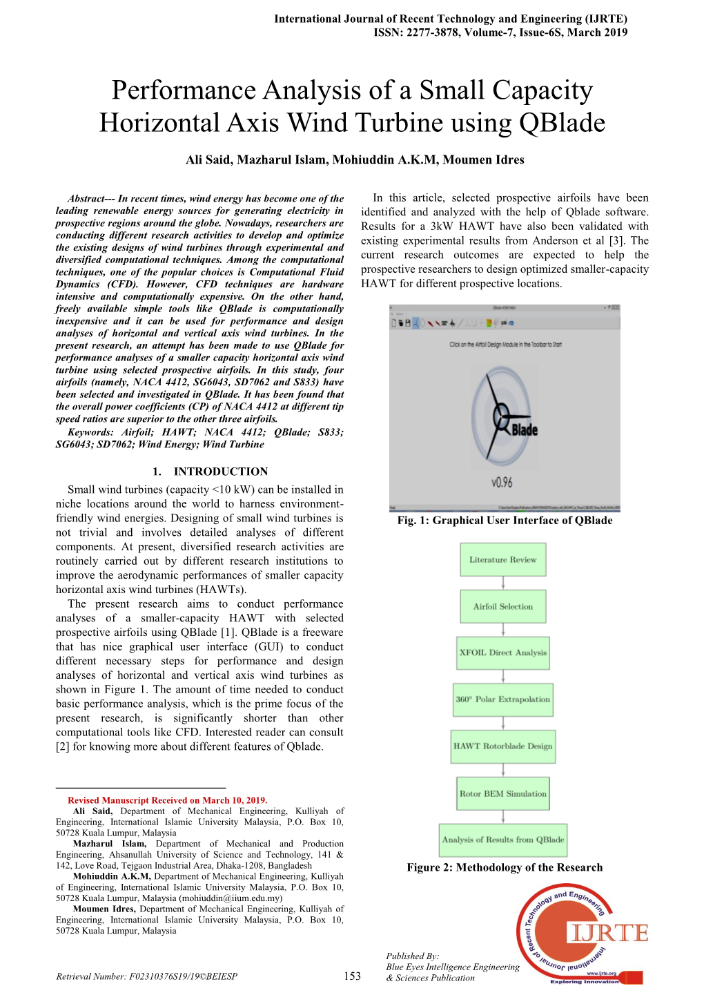 Performance Analysis of a Small Capacity Horizontal Axis Wind Turbine Using Qblade