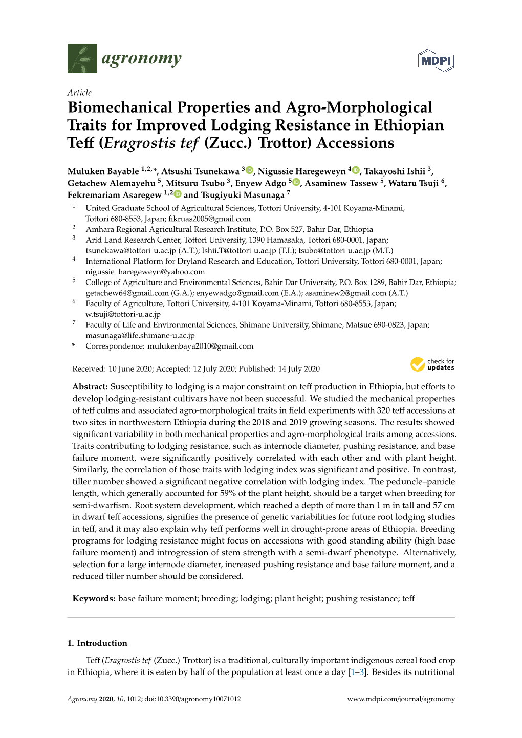 Biomechanical Properties and Agro-Morphological Traits for Improved Lodging Resistance in Ethiopian Teﬀ (Eragrostis Tef (Zucc.) Trottor) Accessions