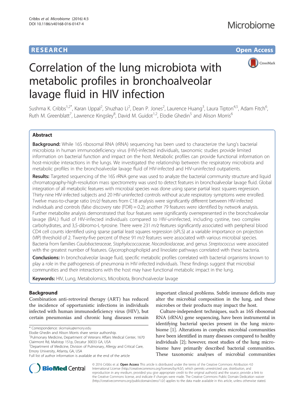 Correlation of the Lung Microbiota with Metabolic Profiles in Bronchoalveolar Lavage Fluid in HIV Infection Sushma K