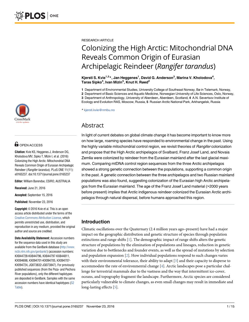 Colonizing the High Arctic: Mitochondrial DNA Reveals Common Origin of Eurasian Archipelagic Reindeer (Rangifer Tarandus)