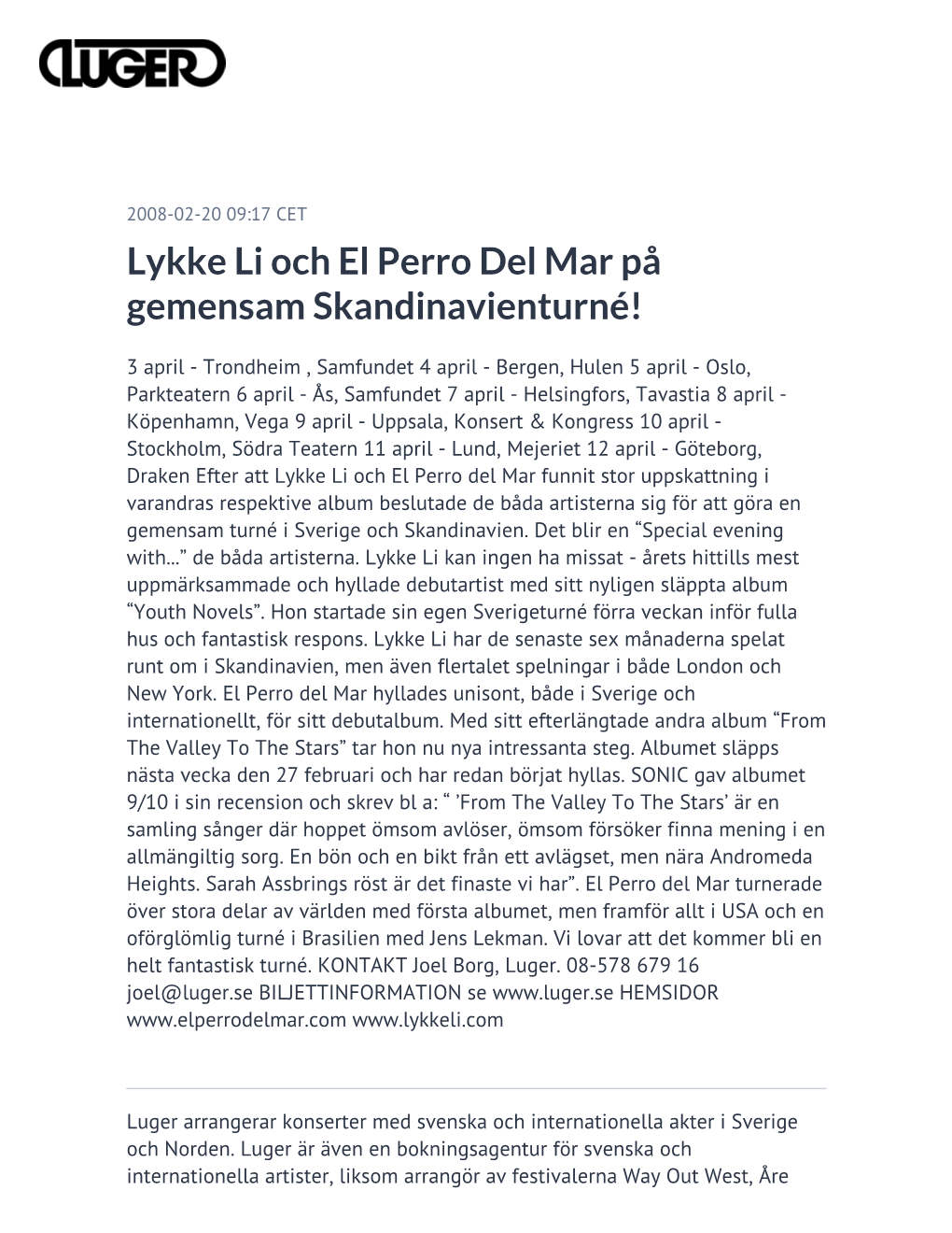 Lykke Li Och El Perro Del Mar På Gemensam Skandinavienturné!