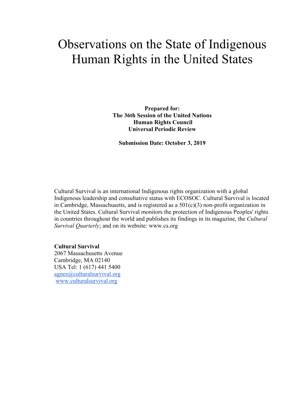 Observations on the State of Indigenous Human Rights in the United States