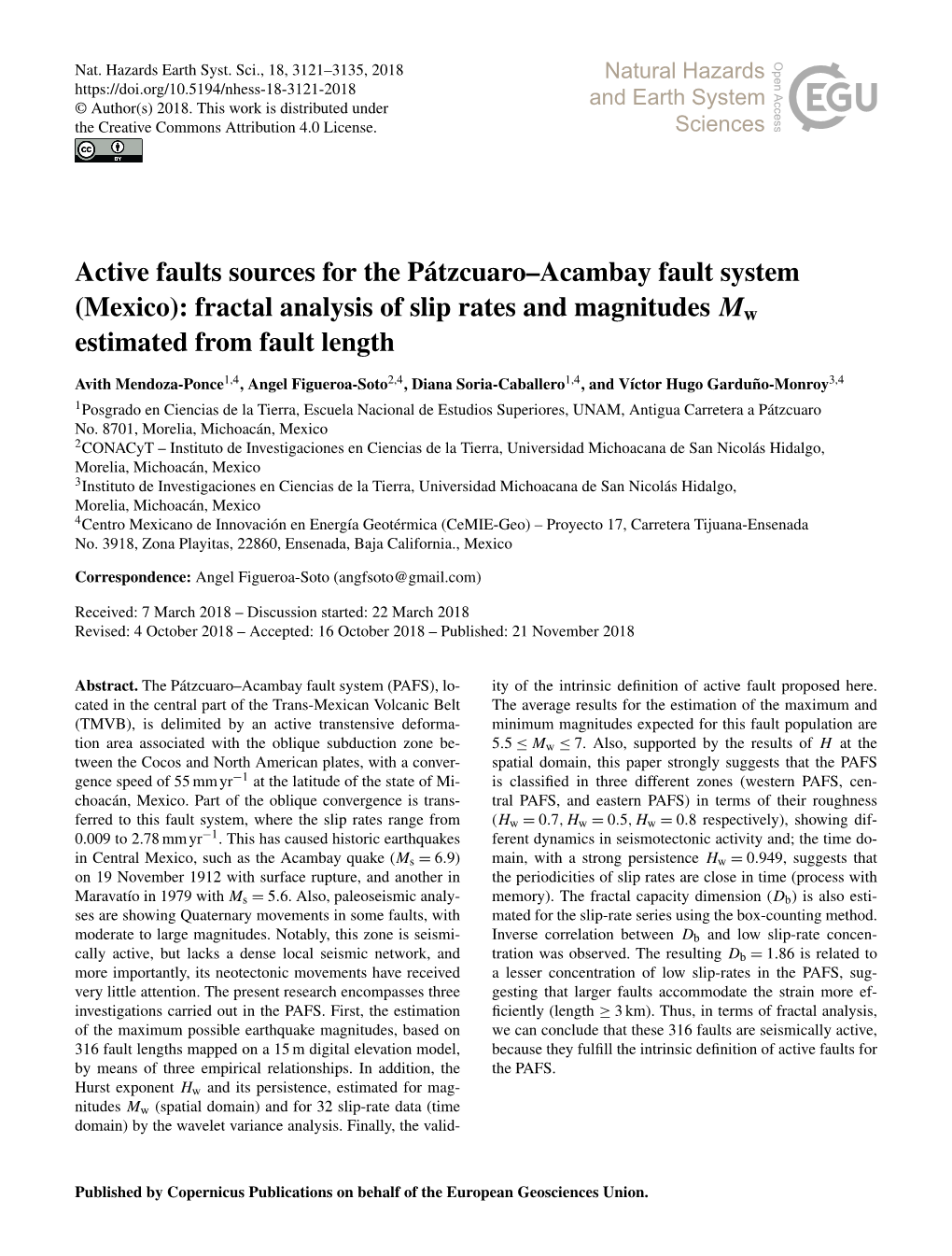 Active Faults Sources for the Pátzcuaro–Acambay Fault System (Mexico): Fractal Analysis of Slip Rates and Magnitudes Mw Estimated from Fault Length