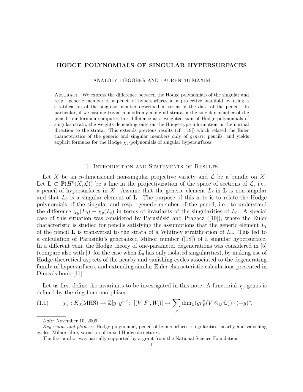 Hodge Polynomials of Singular Hypersurfaces