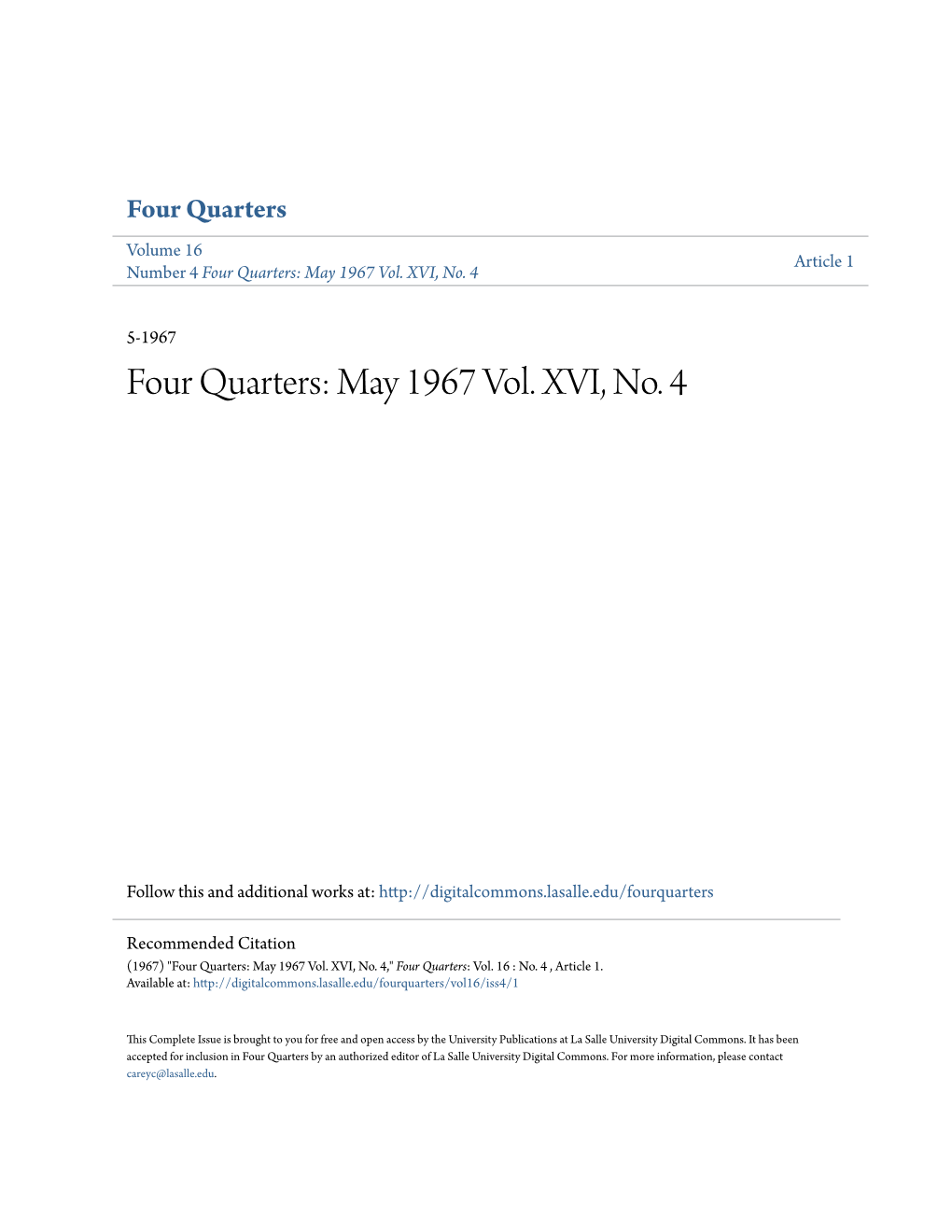 Four Quarters Volume 16 Article 1 Number 4 Four Quarters: May 1967 Vol