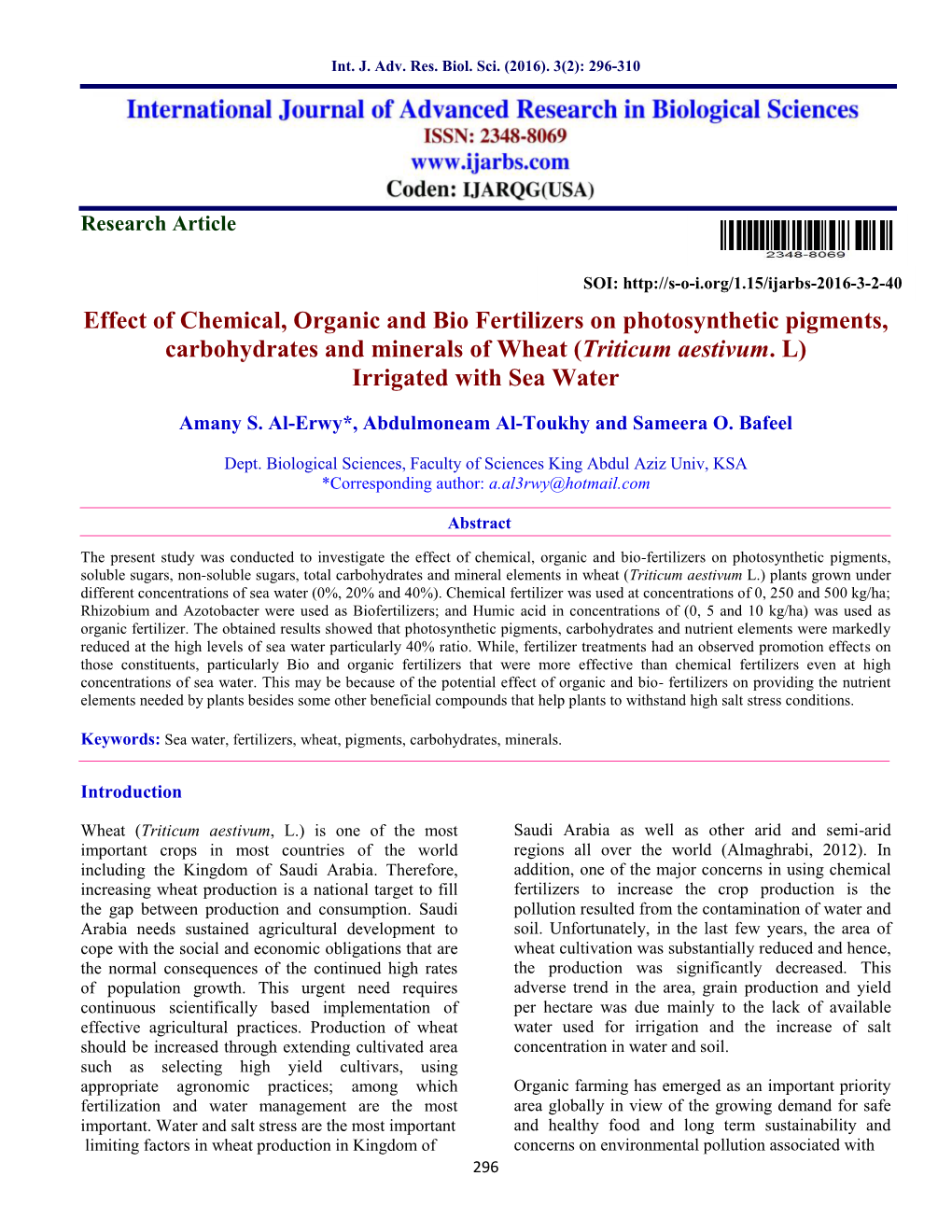 Effect of Chemical, Organic and Bio Fertilizers on Photosynthetic Pigments, Carbohydrates and Minerals of Wheat (Triticum Aestivum