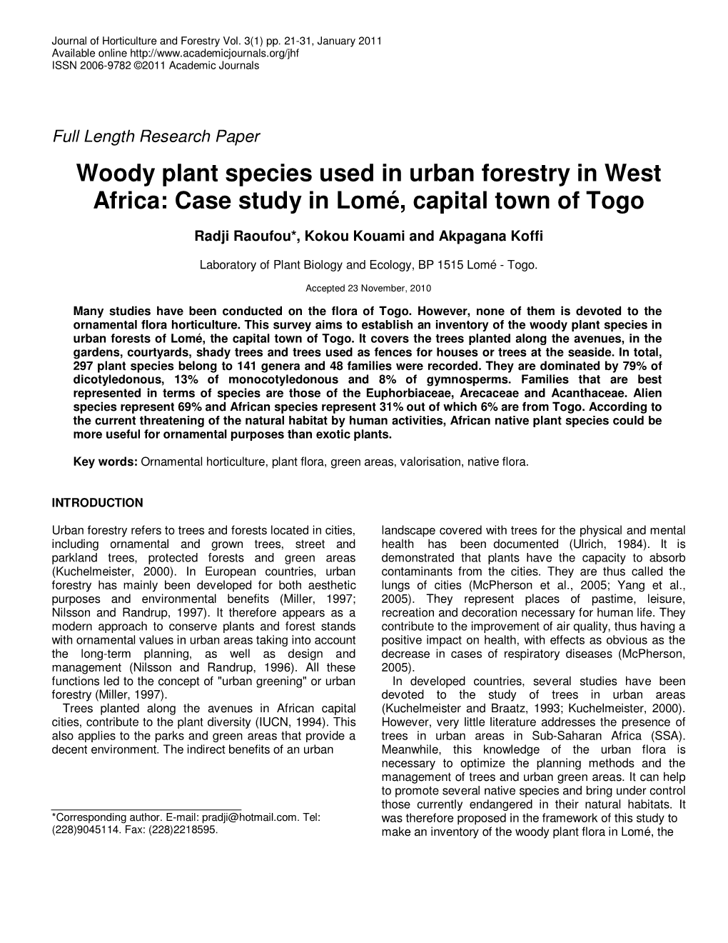 Woody Plant Species Used in Urban Forestry in West Africa: Case Study in Lomé, Capital Town of Togo