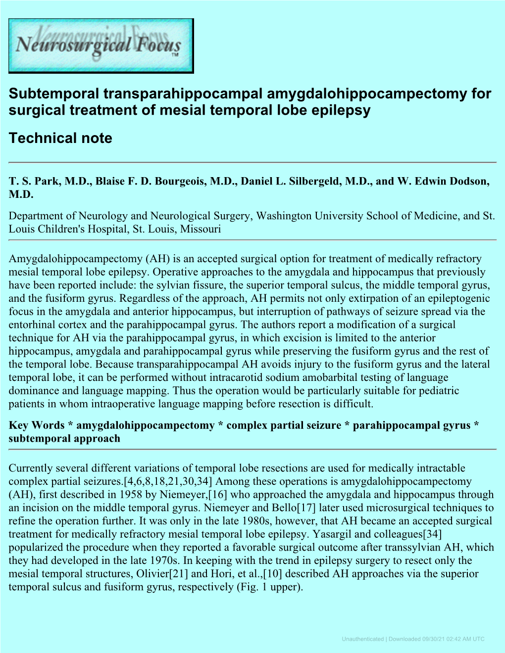 Subtemporal Transparahippocampal Amygdalohippocampectomy for Surgical Treatment of Mesial Temporal Lobe Epilepsy Technical Note
