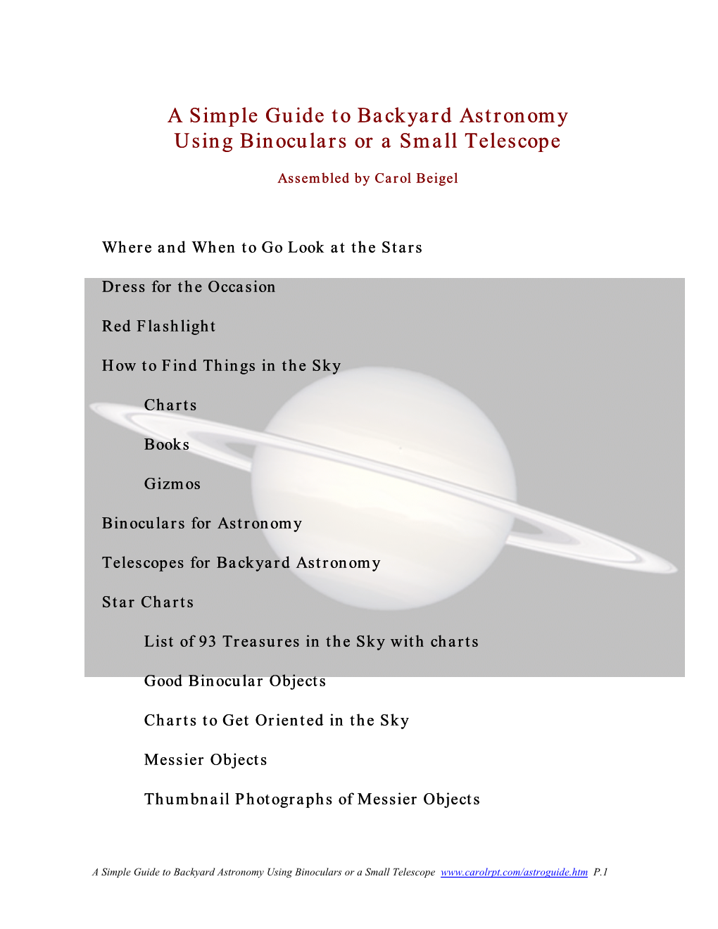 A Simple Guide to Backyard Astronomy Using Binoculars Or a Small Telescope