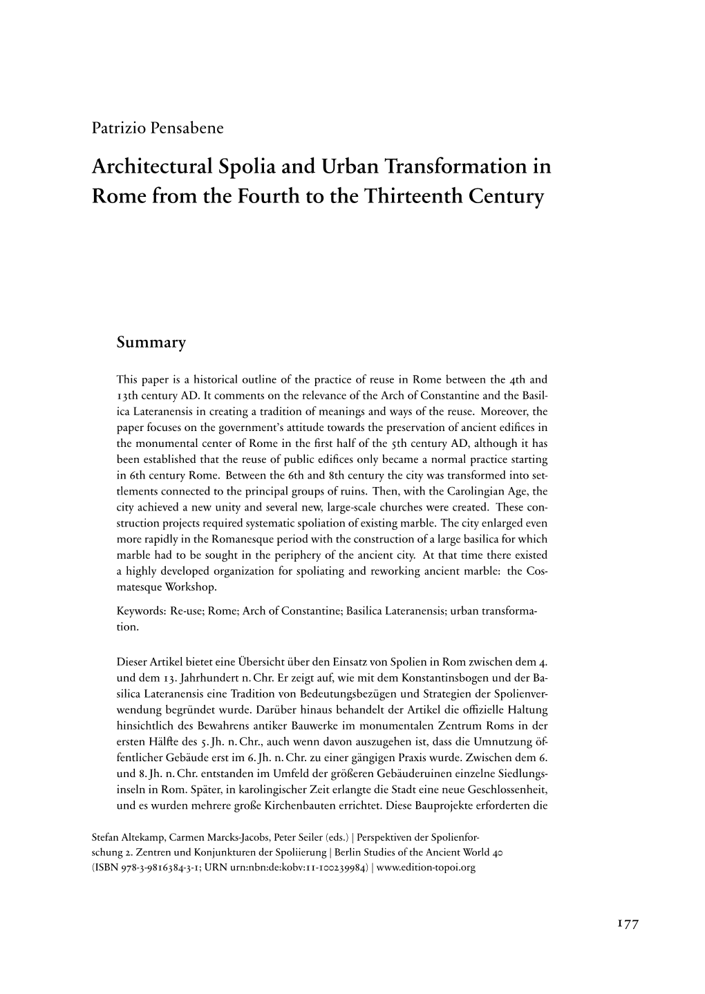 Architectural Spolia and Urban Transformation in Rome from the Fourth to the Thirteenth Century