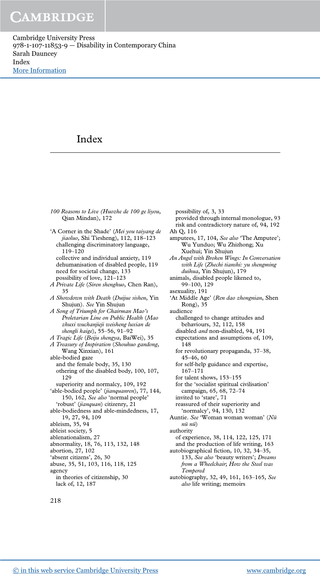 Cambridge University Press 978-1-107-11853-9 — Disability in Contemporary China Sarah Dauncey Index More Information