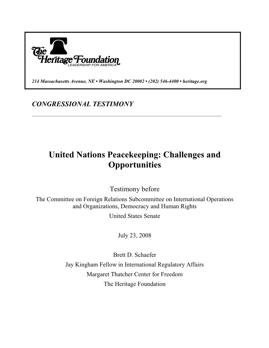 United Nations Peacekeeping: Challenges and Opportunities