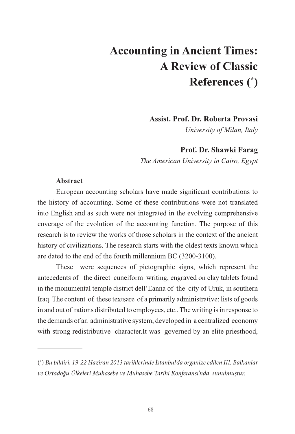 Accounting in Ancient Times: a Review of Classic References