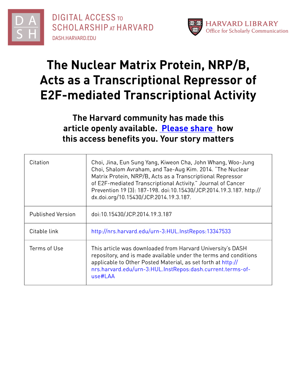 The Nuclear Matrix Protein, NRP/B, Acts As a Transcriptional Repressor of E2F-Mediated Transcriptional Activity