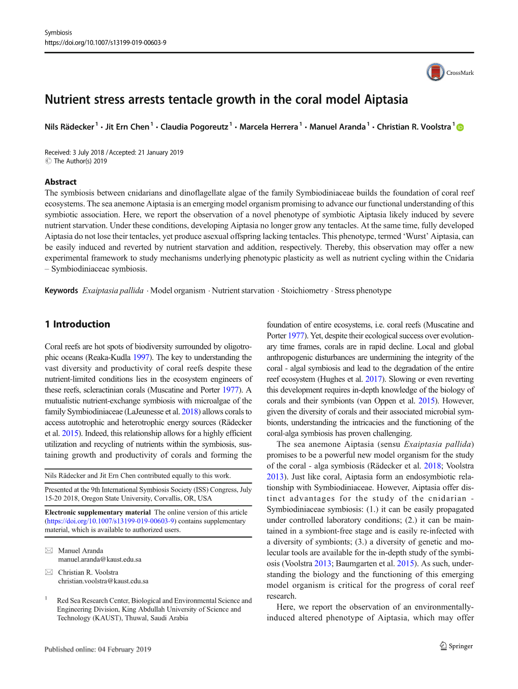 Nutrient Stress Arrests Tentacle Growth in the Coral Model Aiptasia