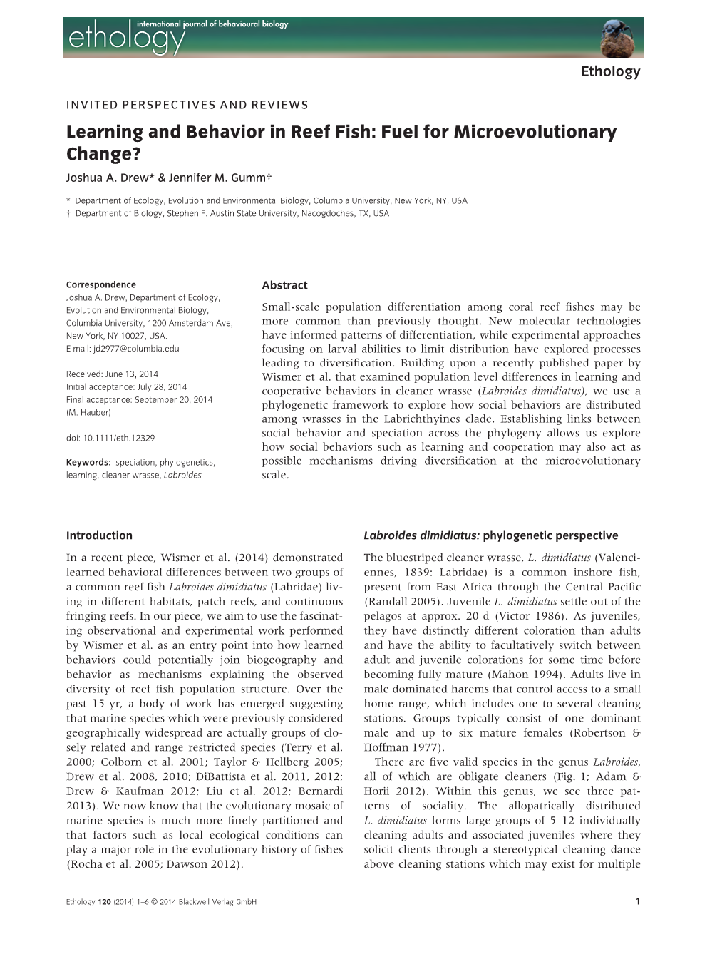 Learning and Behavior in Reef Fish: Fuel for Microevolutionary Change? Joshua A