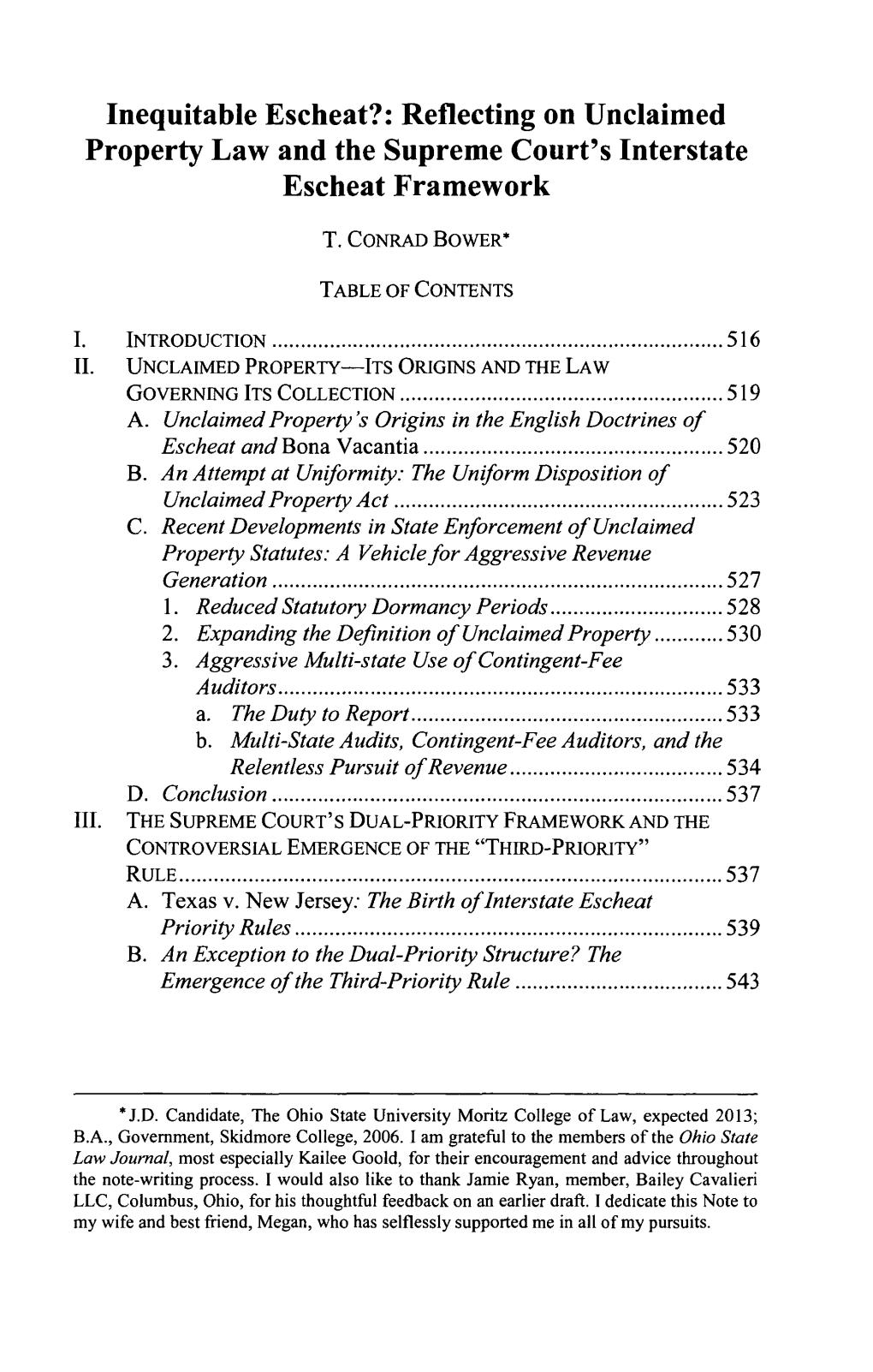 Inequitable Escheat: Reflecting on Unclaimed Property Law and the Supreme Court's Interstate Escheat Framework