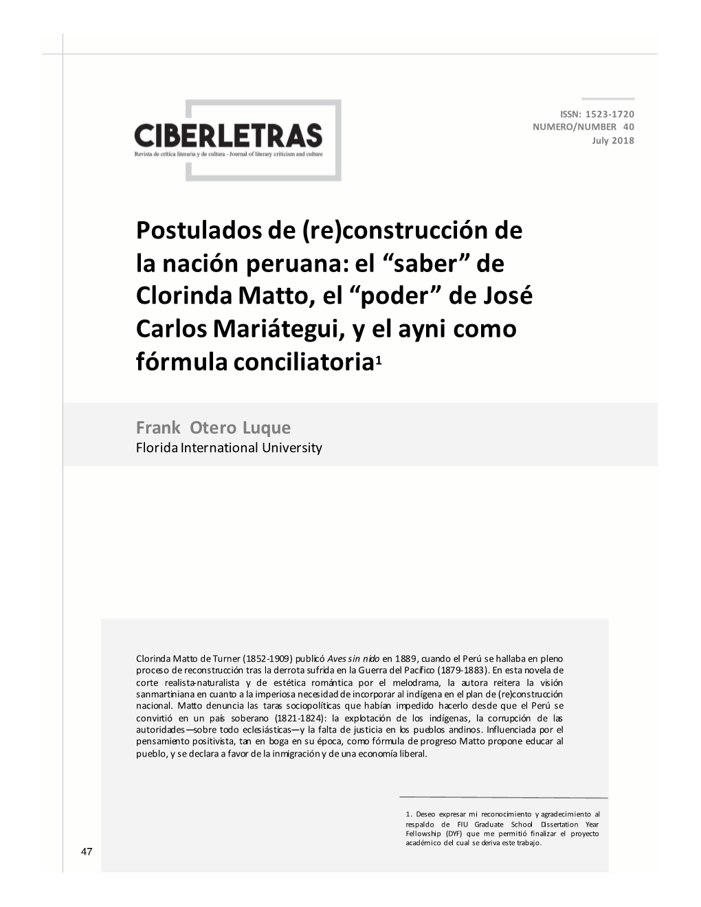 Postulados De (Re)Construcción De La Nación Peruana: El “Saber” De Clorinda Matto, El “Poder” De José Carlos Mariátegui, Y El Ayni Como Fórmula Conciliatoria1