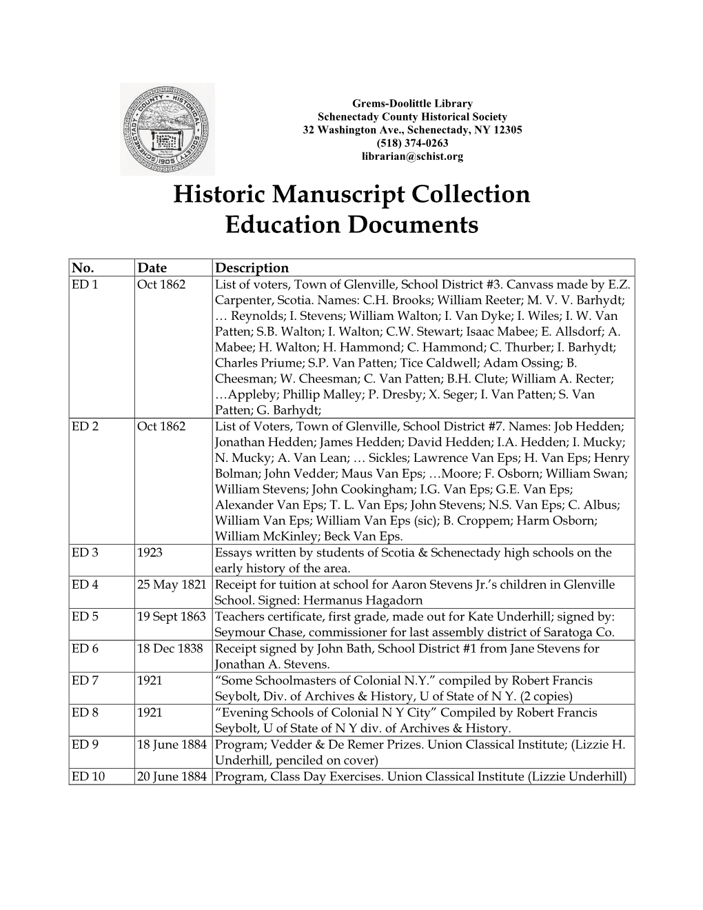 Historic Manuscript Collection Education Documents