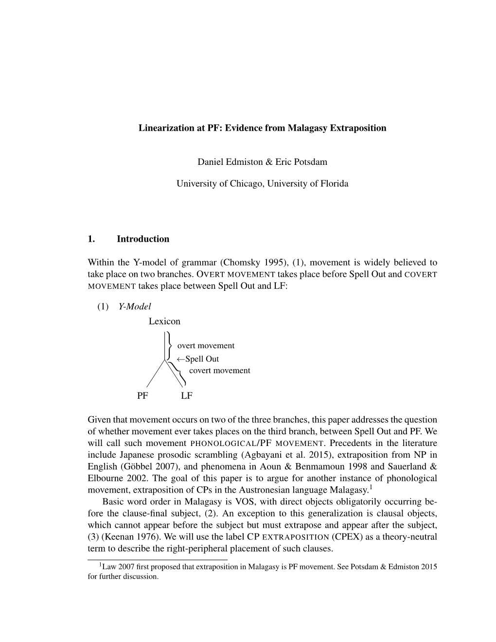 Linearization at PF: Evidence from Malagasy Extraposition