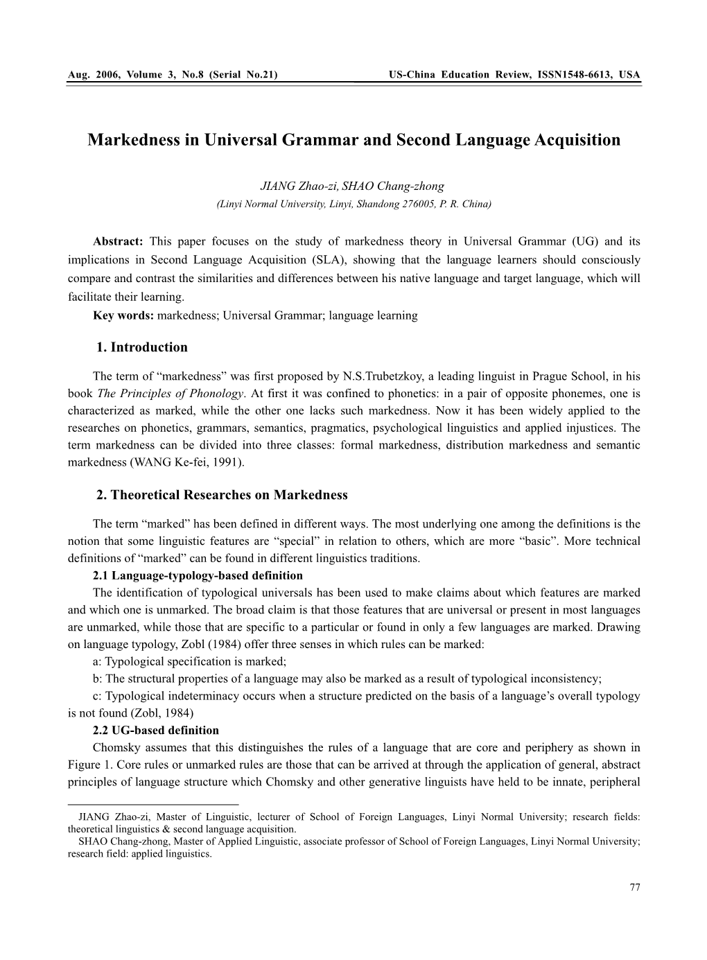 Markedness in Universal Grammar and Second Language Acquisition