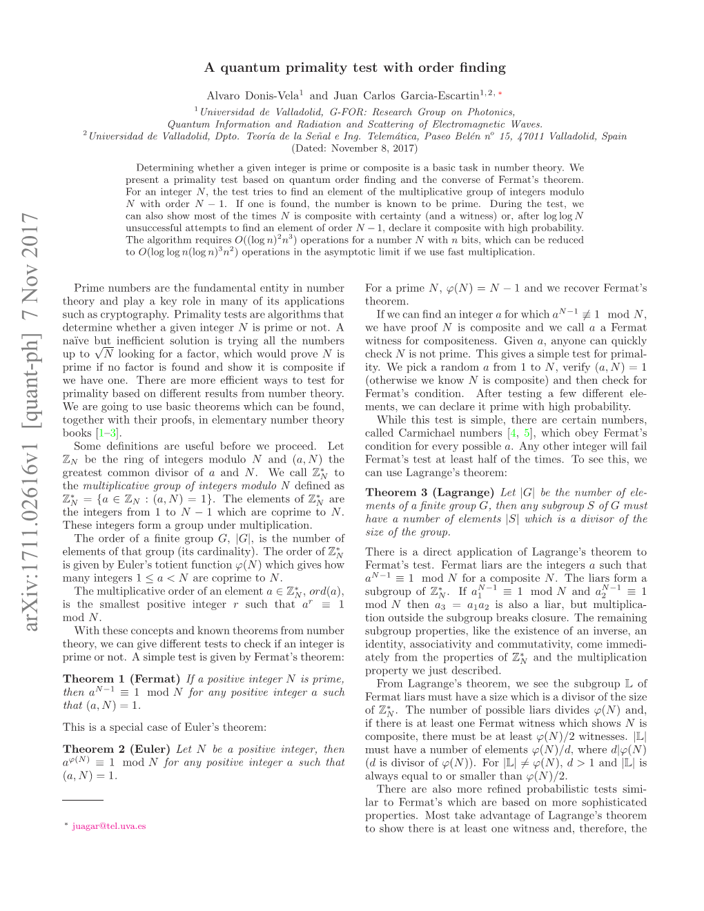 A Quantum Primality Test with Order Finding