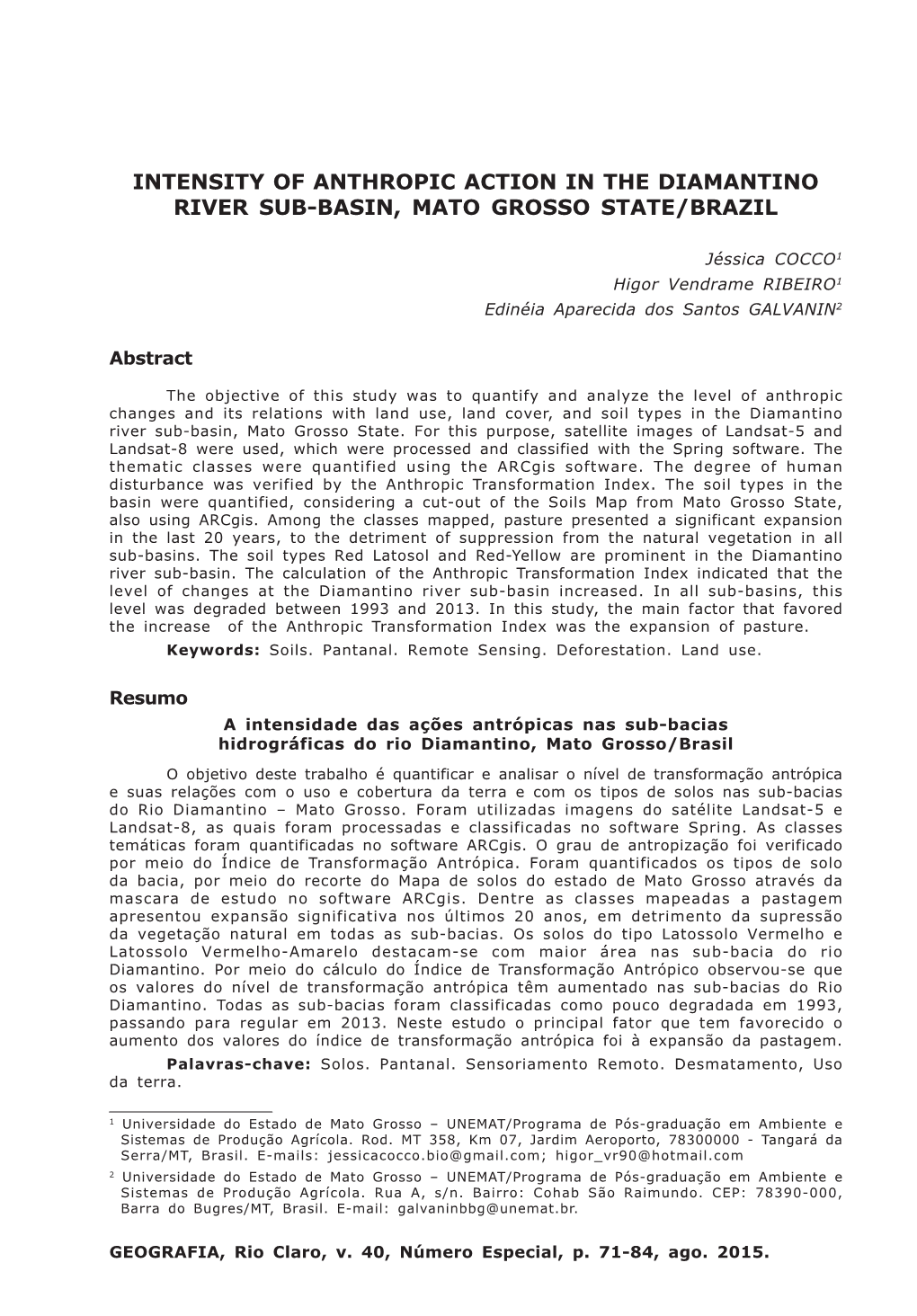 Intensity of Anthropic Action in the Diamantino River Sub-Basin, Mato Grosso State/Brazil