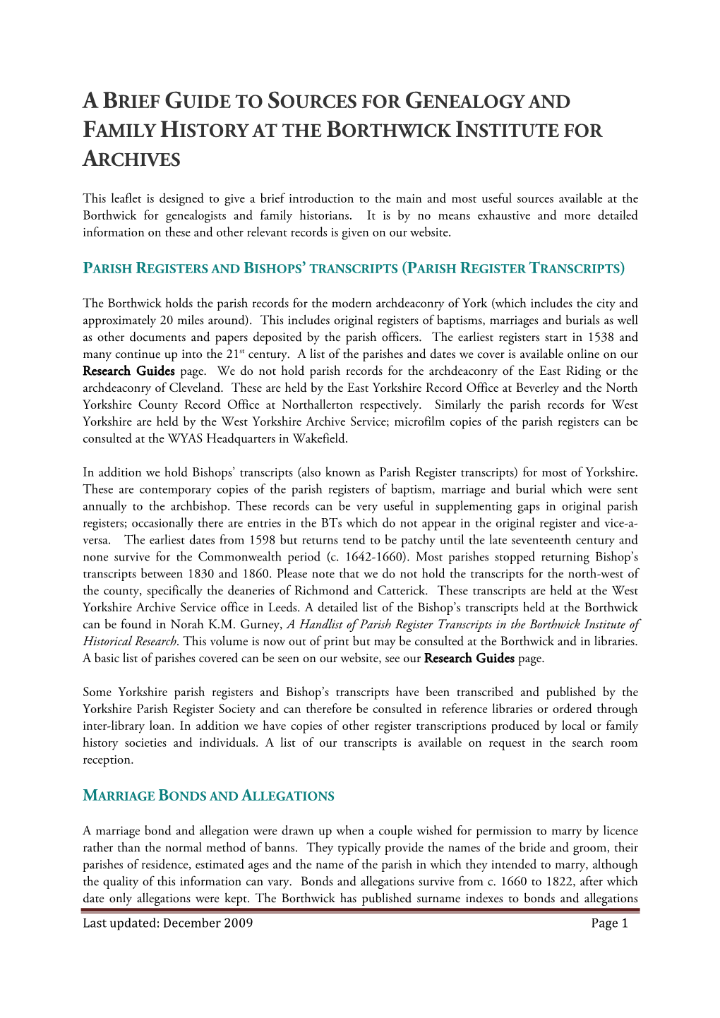 A Brief Guide to Genealogical Sources at the Borthwick Institute