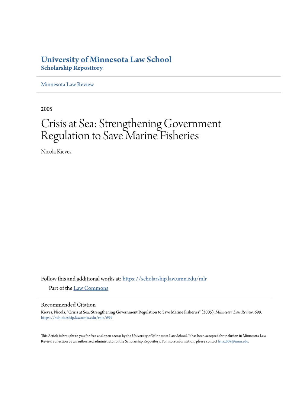 Strengthening Government Regulation to Save Marine Fisheries Nicola Kieves