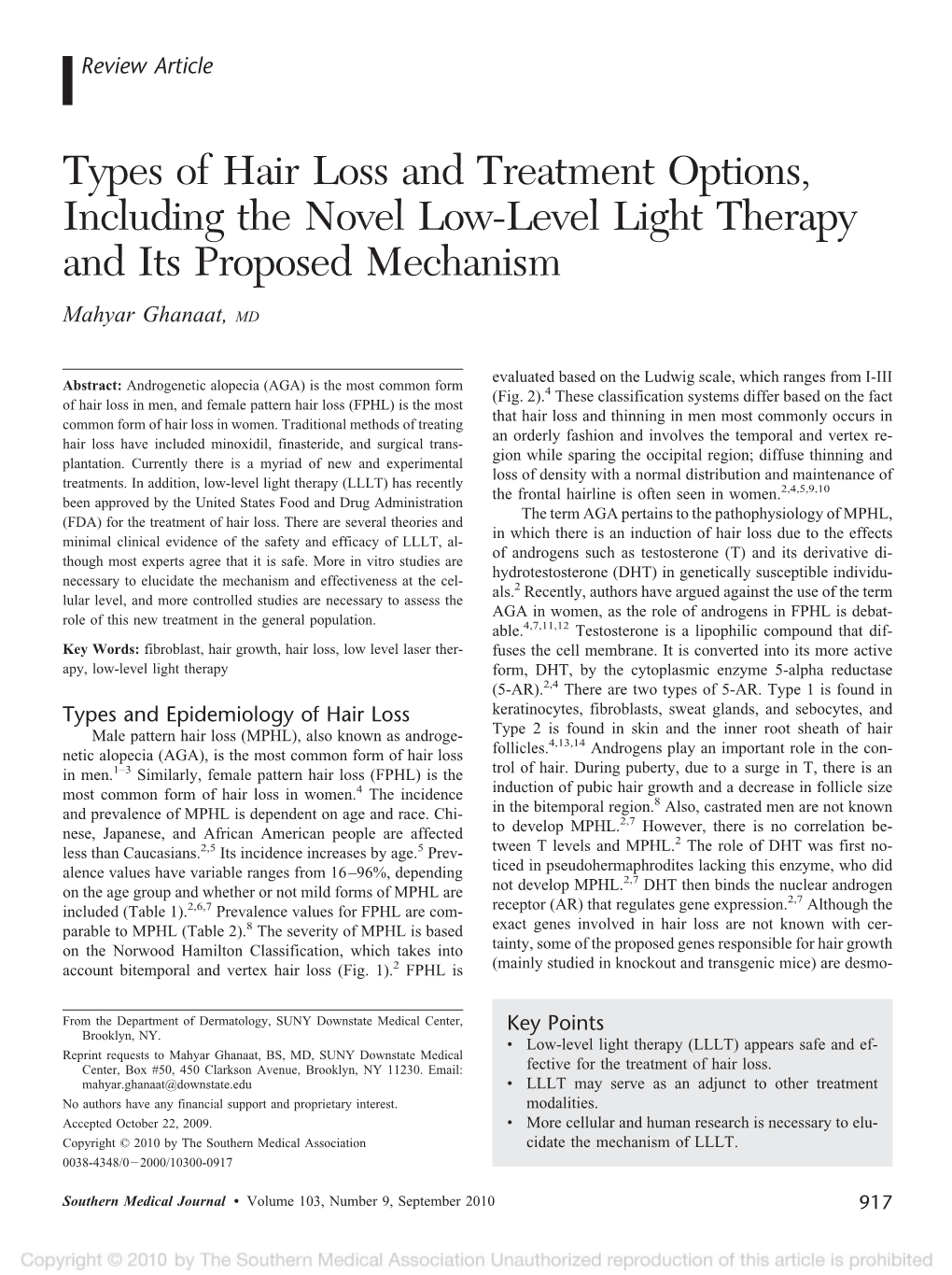 Types of Hair Loss and Treatment Options, Including the Novel Low-Level Light Therapy and Its Proposed Mechanism
