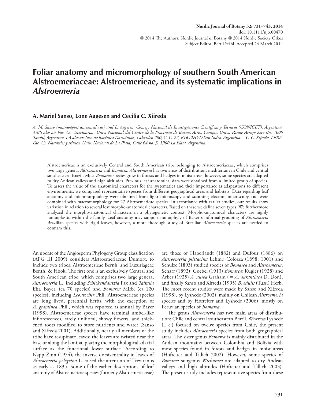 Foliar Anatomy and Micromorphology of Southern South American Alstroemeriaceae: Alstroemerieae, and Its Systematic Implications in Alstroemeria