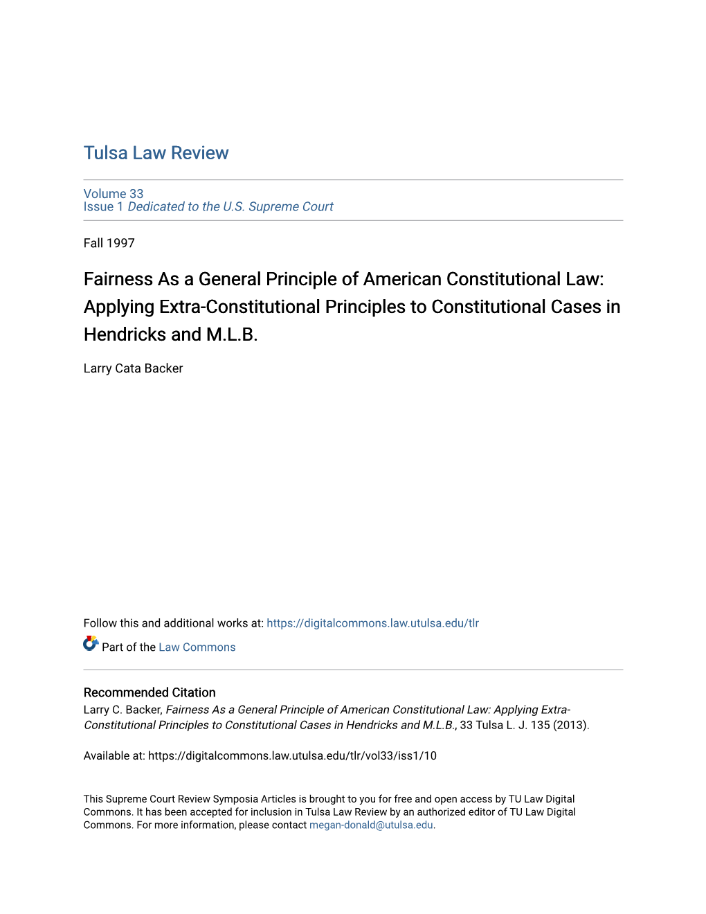 Fairness As a General Principle of American Constitutional Law: Applying Extra-Constitutional Principles to Constitutional Cases in Hendricks and M.L.B