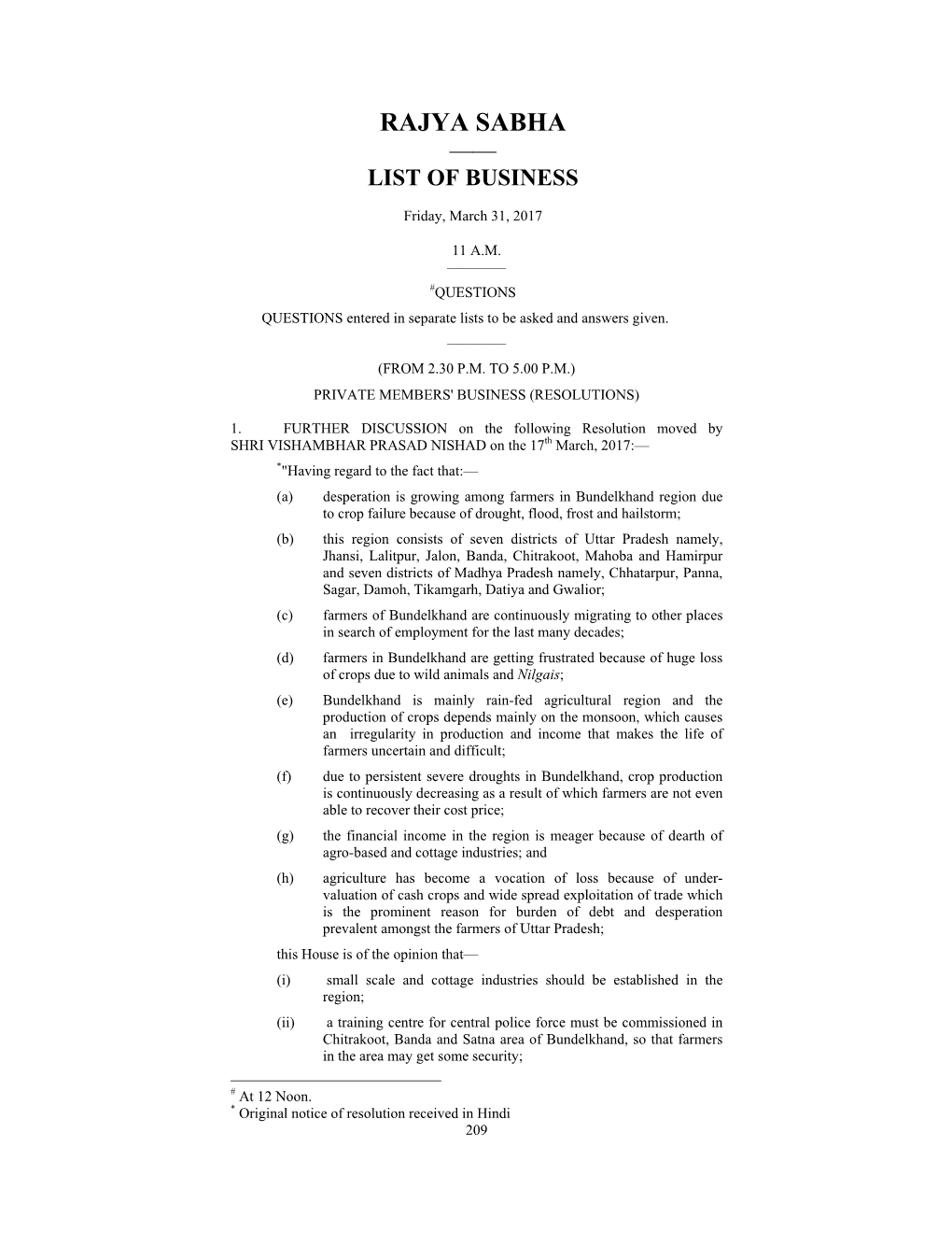 Rajya Sabha —— List of Business